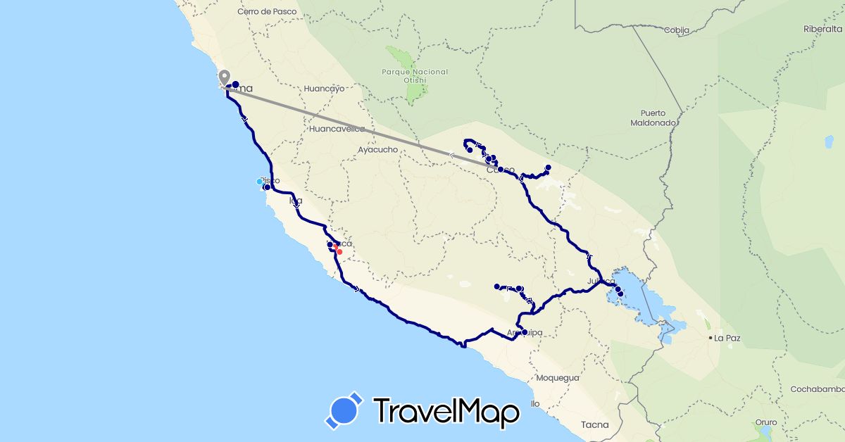 TravelMap itinerary: driving, plane, hiking, boat in Peru (South America)